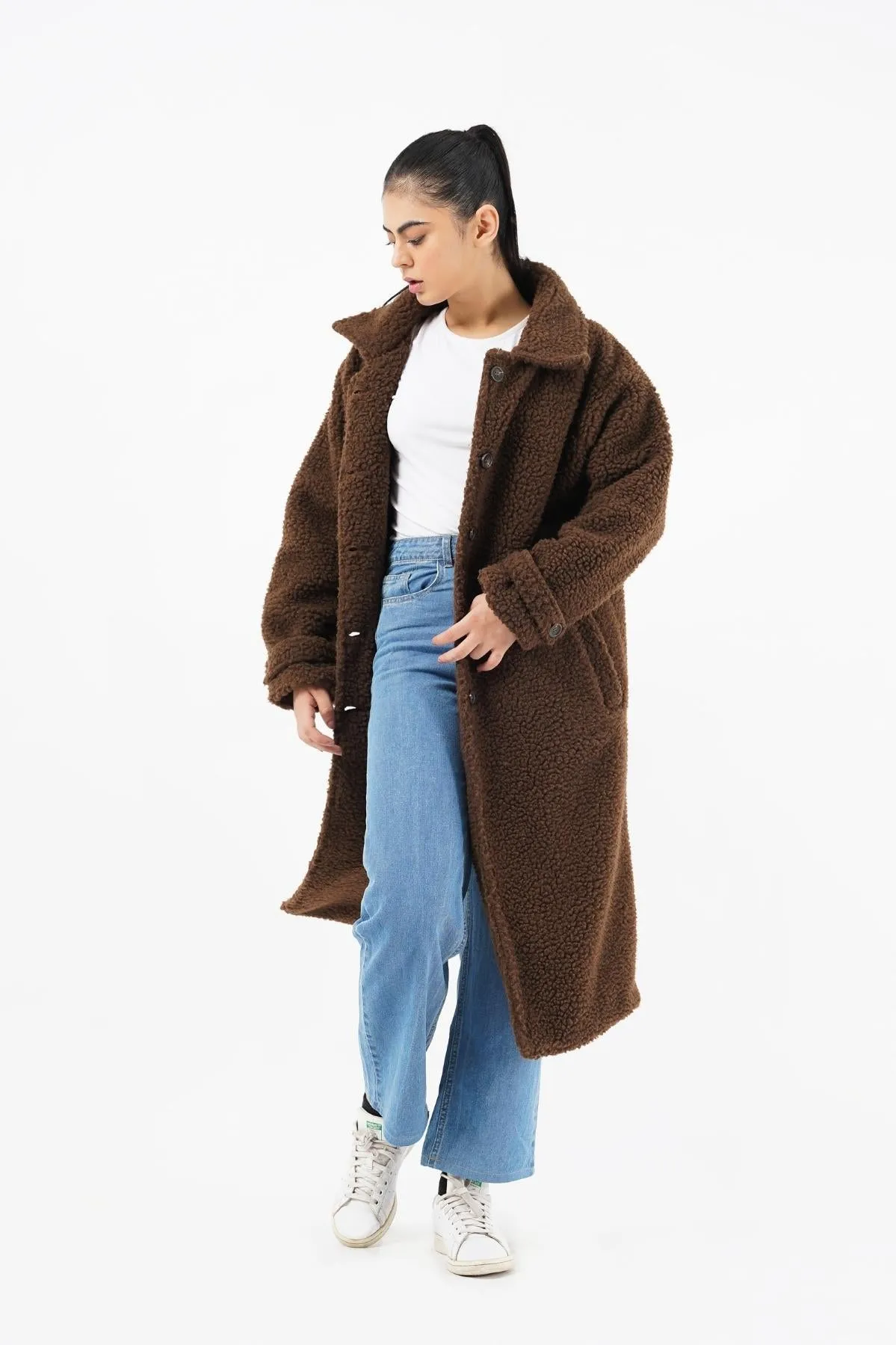 Sherpa Long Coat - chocolate brown