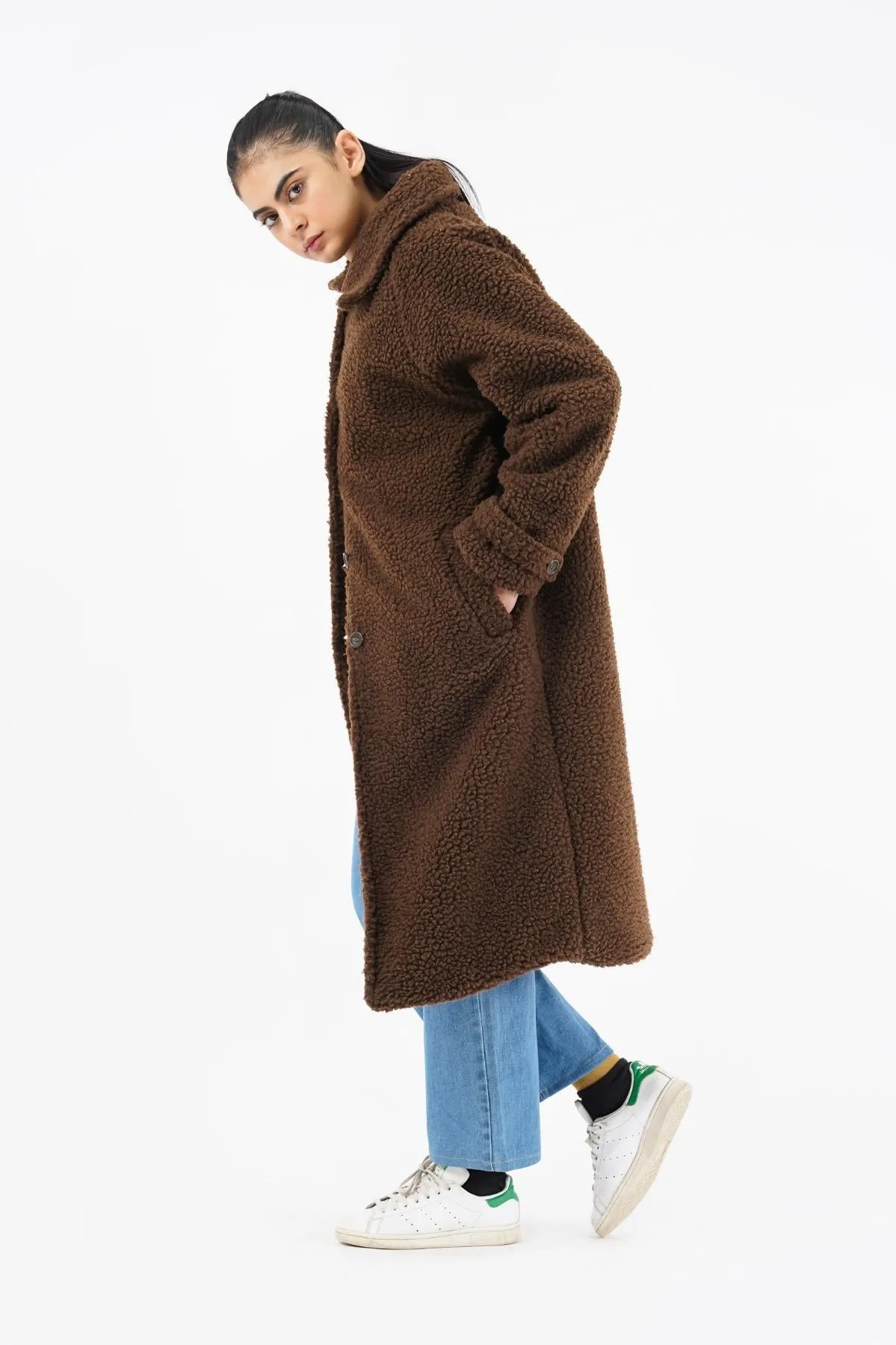 Sherpa Long Coat - chocolate brown