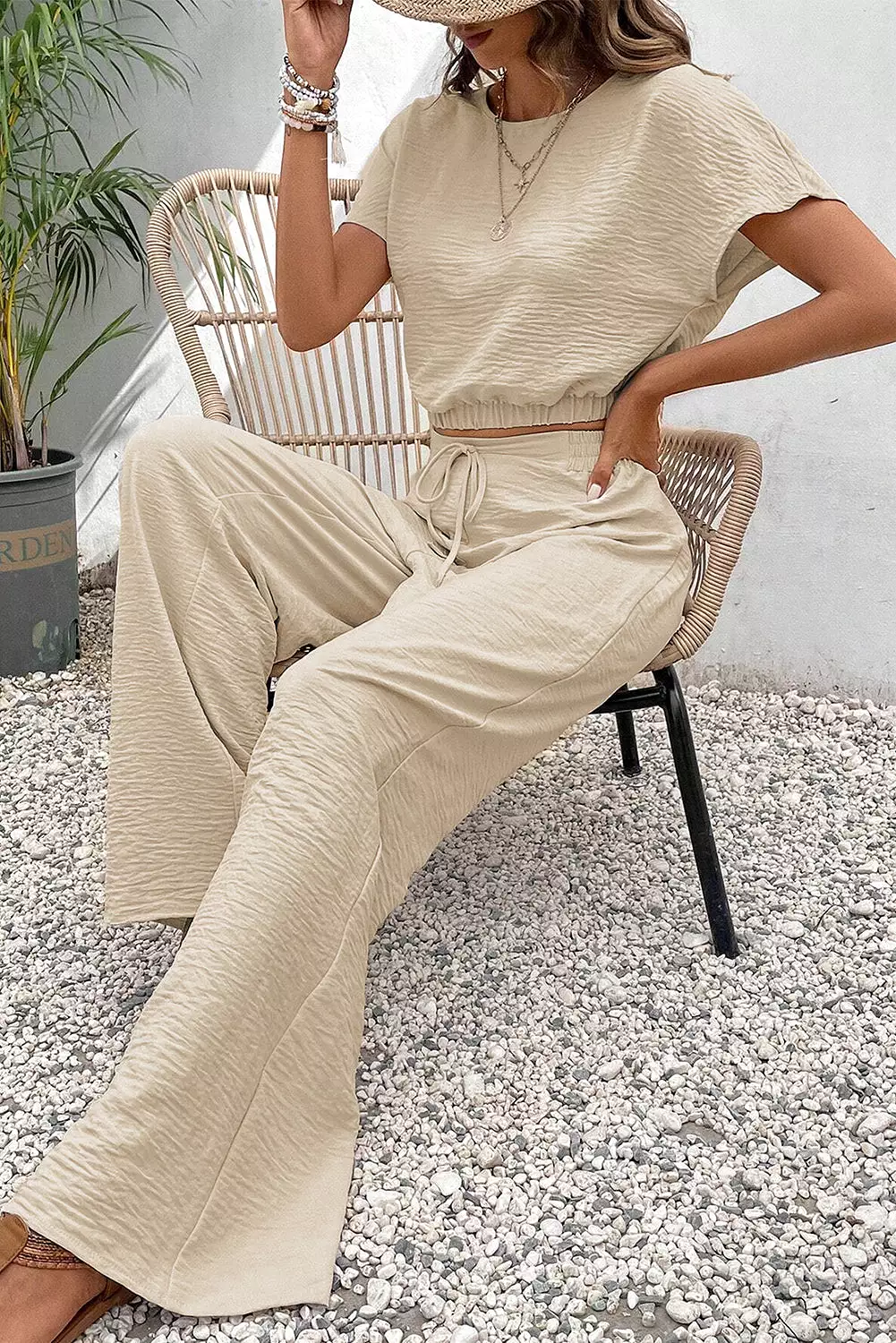 Short Sleeve Crop Top Wide Leg Pants Set