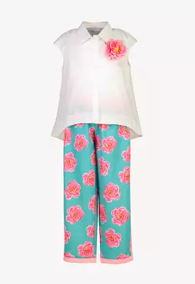 Solid Hi-Low Floral Pattern Shirt And Pants Set