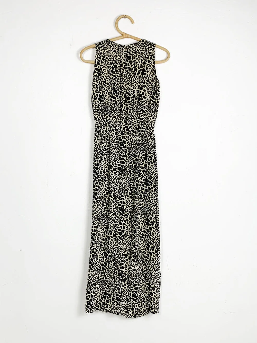 SpenserJeremy Elegant Leopard Print Faux Wrap Silk Sleeveless Dress