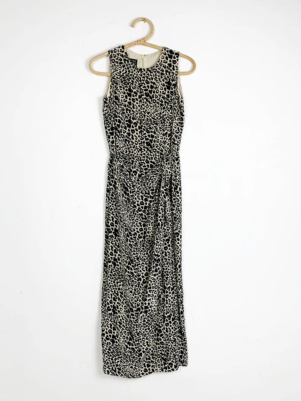 SpenserJeremy Elegant Leopard Print Faux Wrap Silk Sleeveless Dress