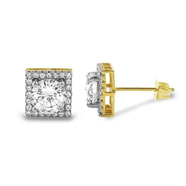 Square Halo Gold Iced Out CZ Earrings