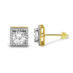 Square Halo Gold Iced Out CZ Earrings