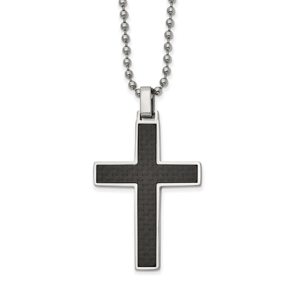 Stainless Steel Carbon Fiber & Wood Reversible Cross Necklace, 22 Inch