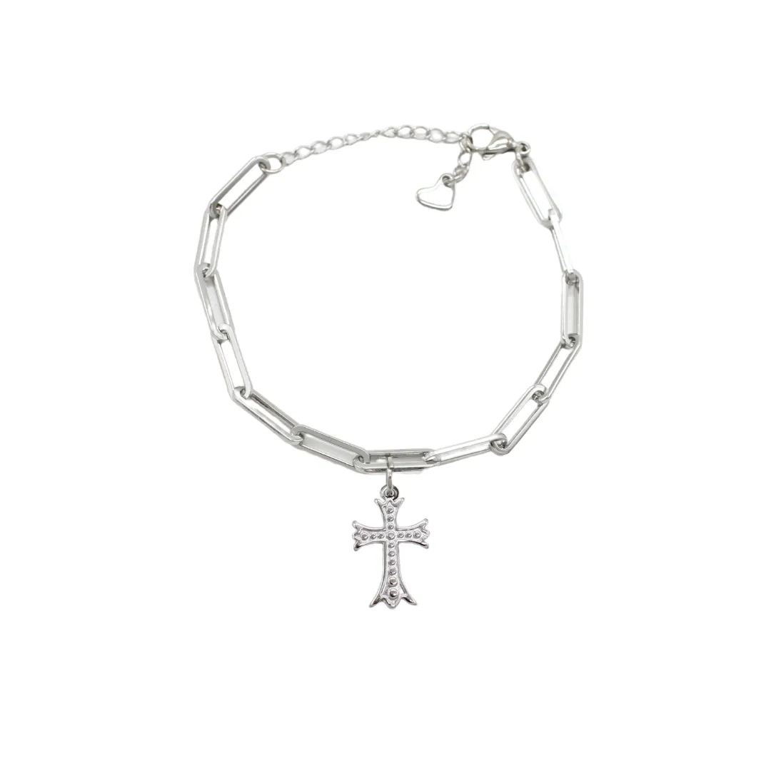 Stainless Steel Chain Link Bracelet with Cross