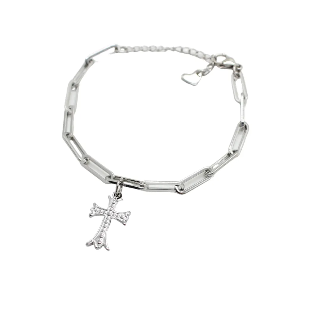 Stainless Steel Chain Link Bracelet with Cross