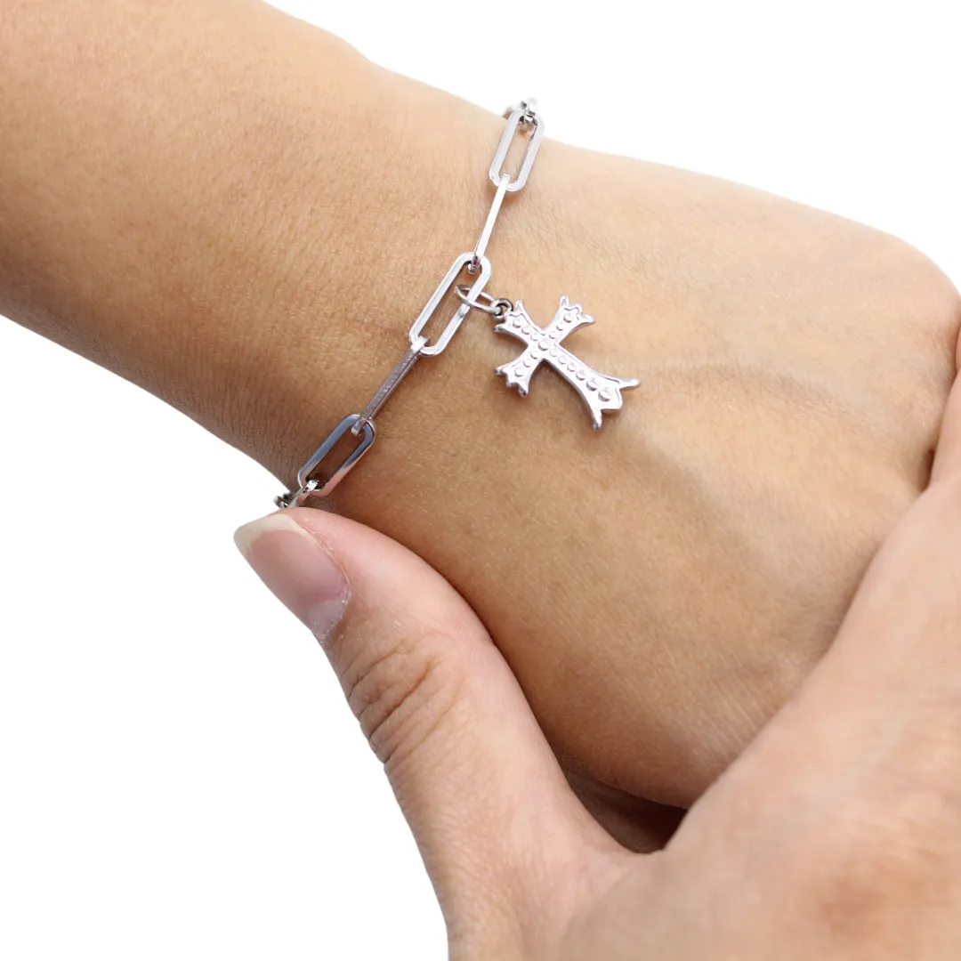 Stainless Steel Chain Link Bracelet with Cross