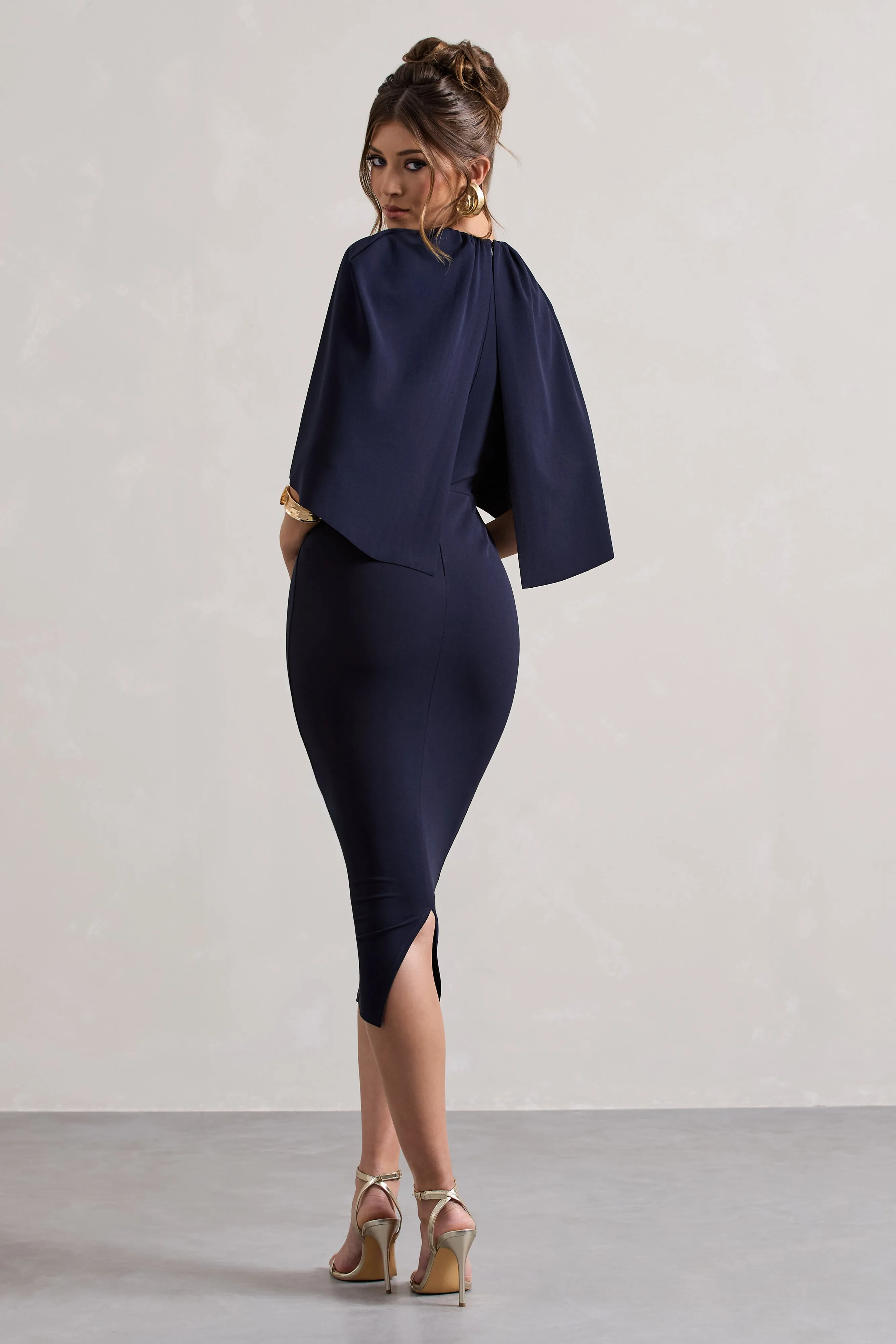 Sweeney | Navy Draped Short-Sleeve Midi Dress