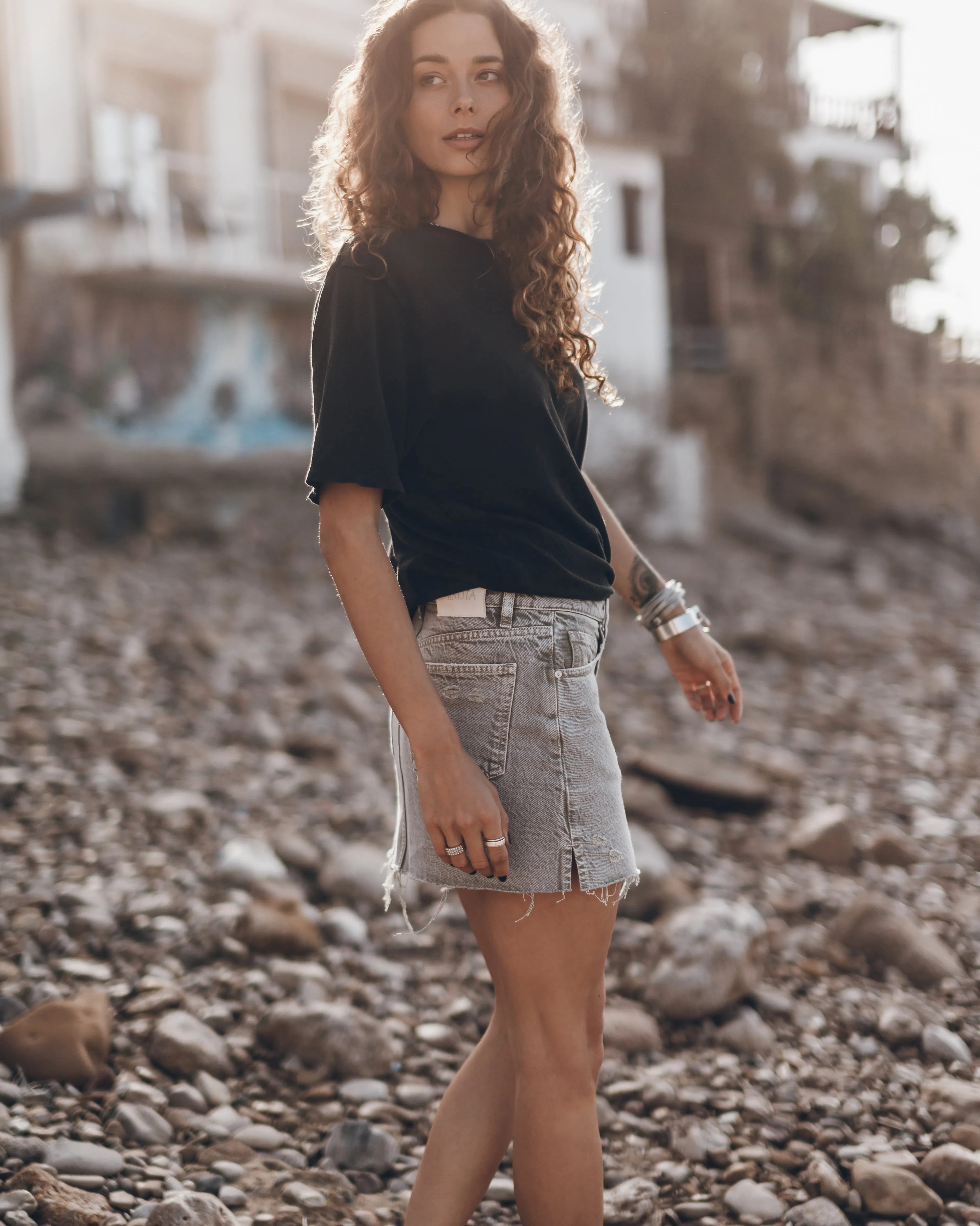 The Khaki Faded Denim Skirt