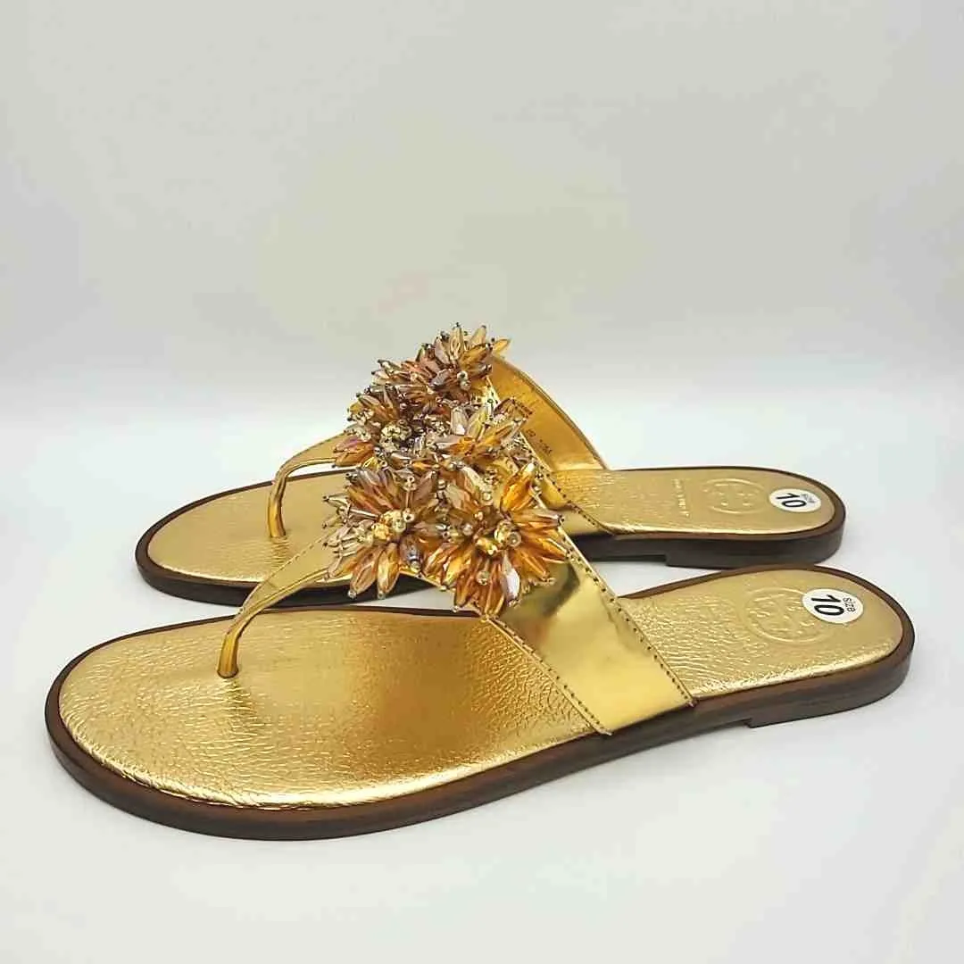 TORY BURCH Gold Beaded Flip Flops Shoe Size 10 Shoes