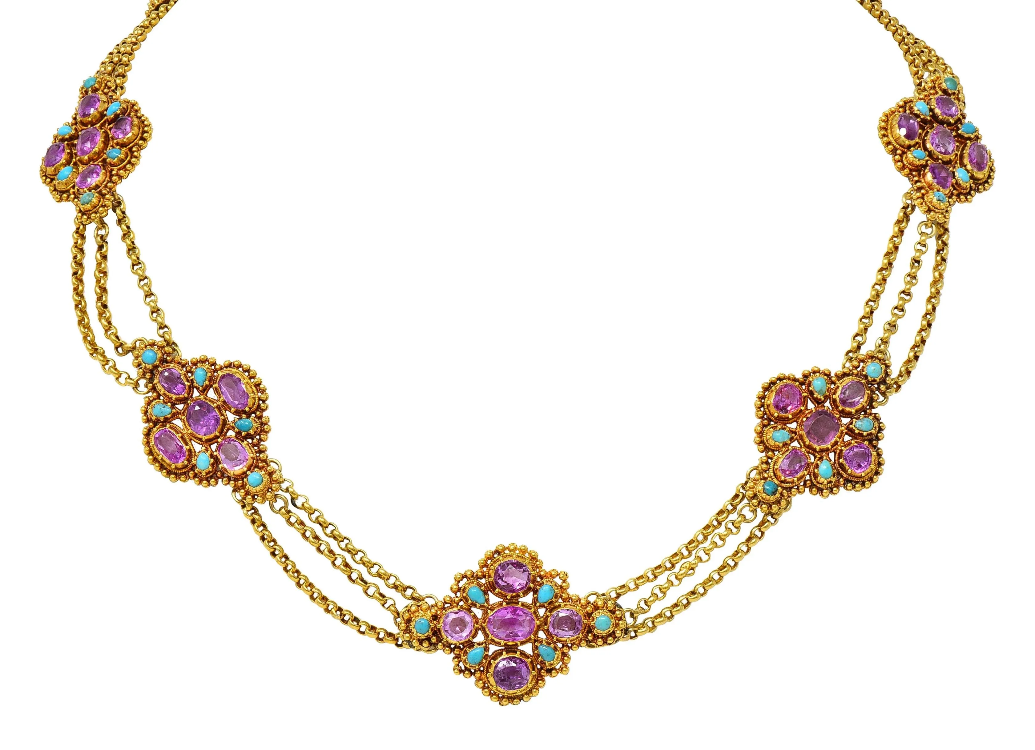 Victorian Etruscan Revival Pink Sapphire Turquoise 18 Karat Gold Antique Swagged Station Necklace