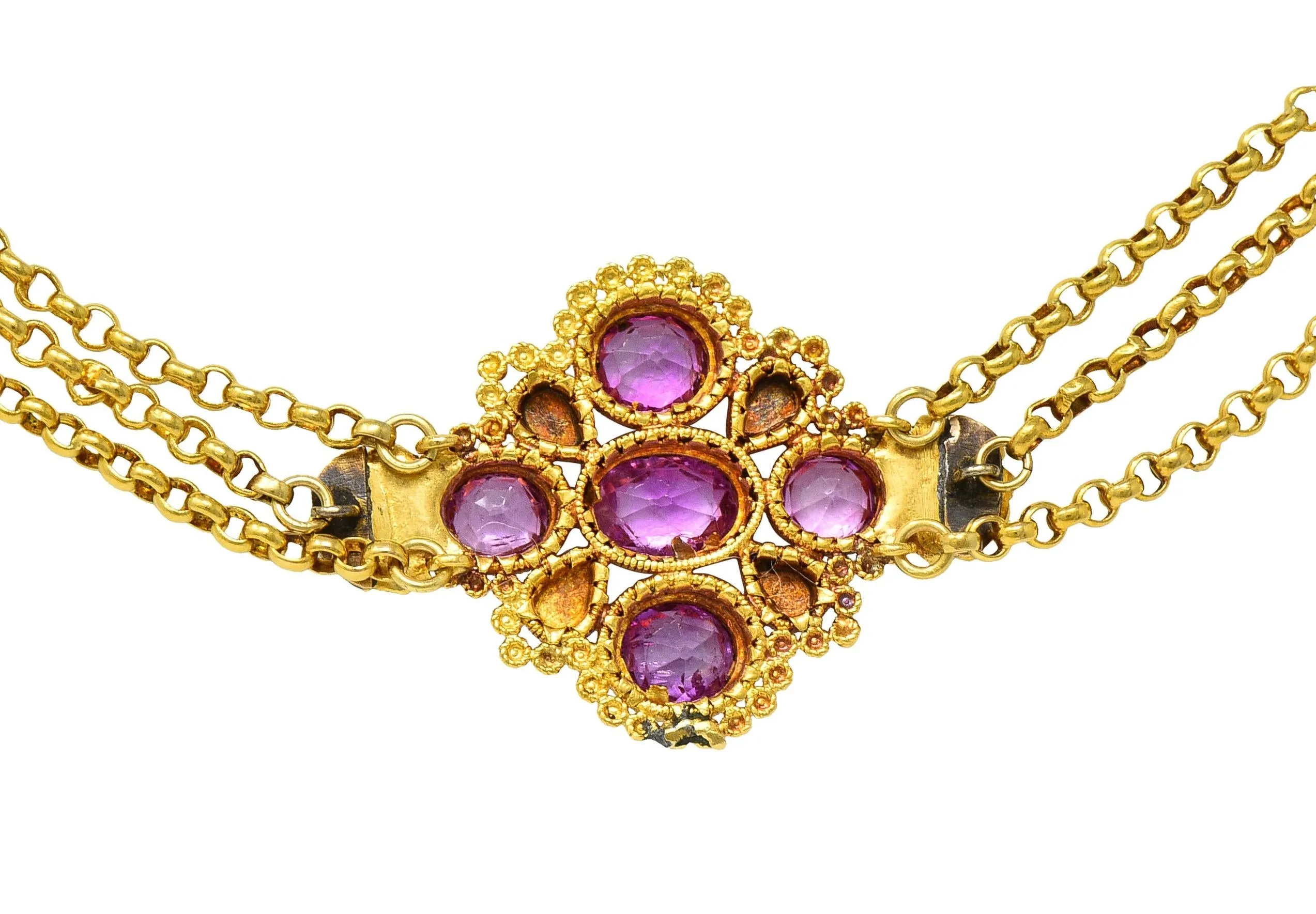 Victorian Etruscan Revival Pink Sapphire Turquoise 18 Karat Gold Antique Swagged Station Necklace