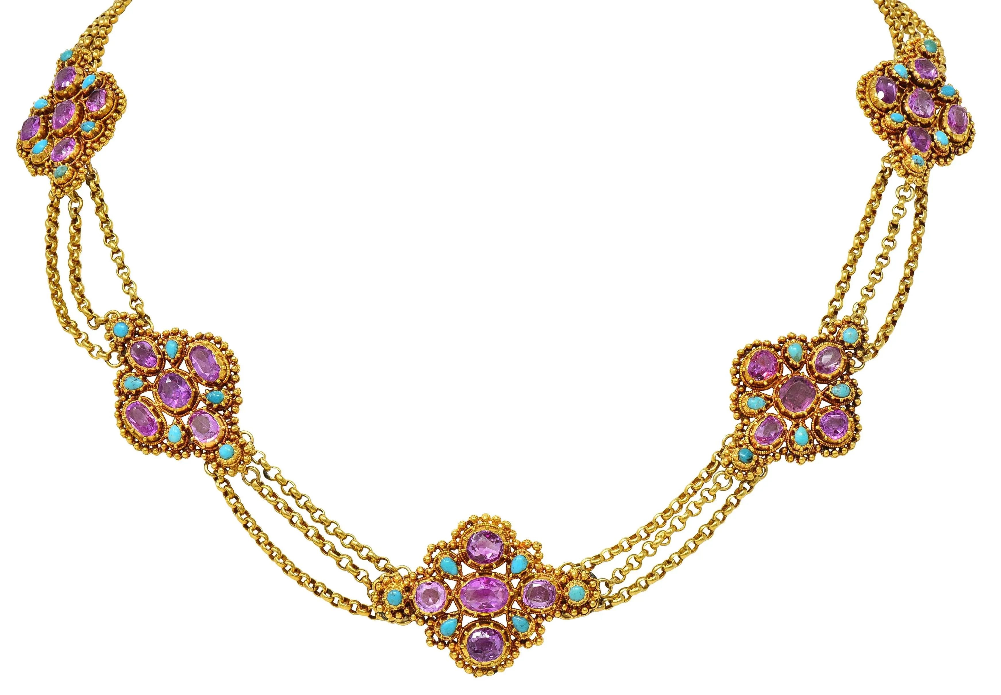 Victorian Etruscan Revival Pink Sapphire Turquoise 18 Karat Gold Antique Swagged Station Necklace