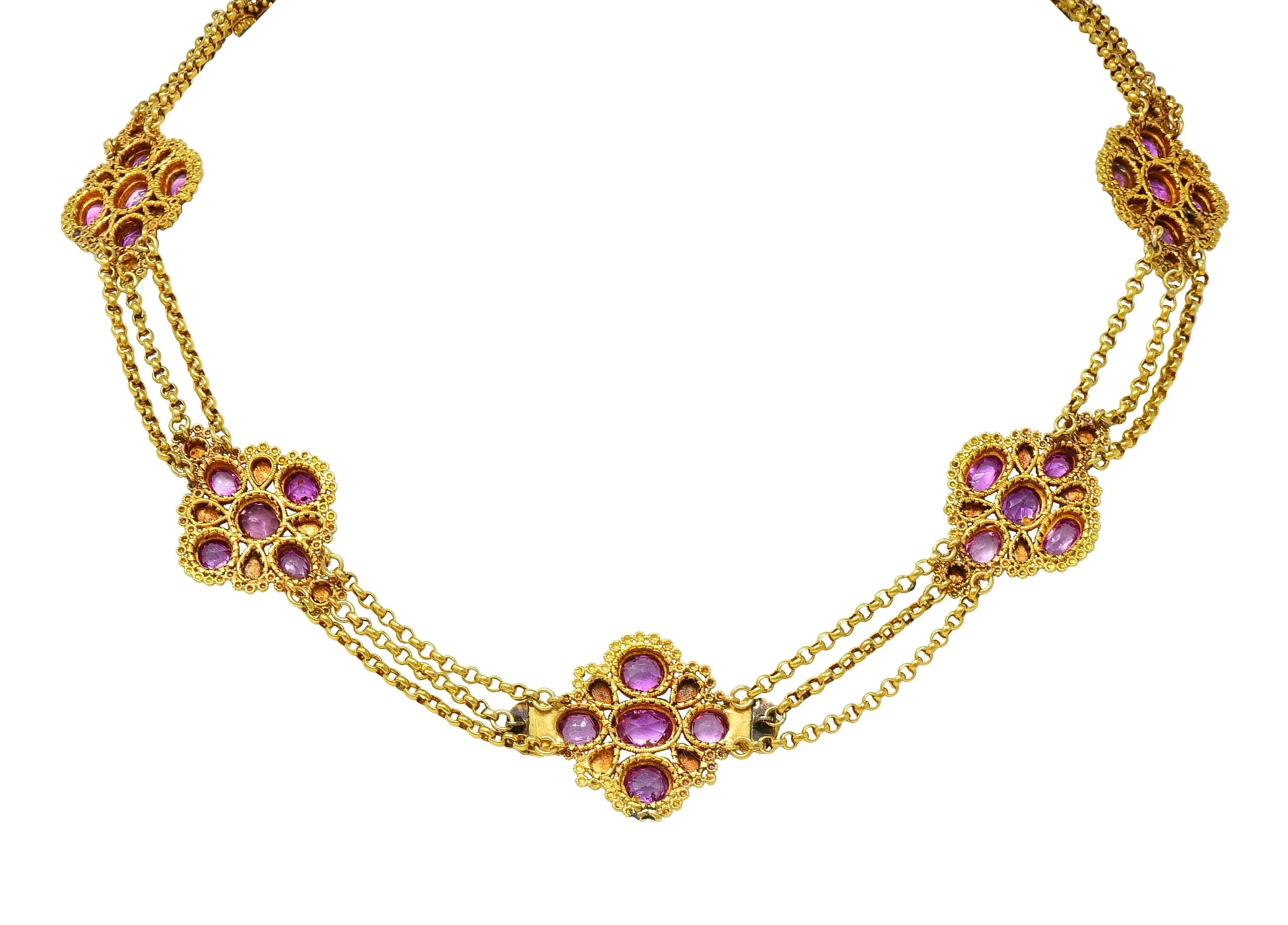 Victorian Etruscan Revival Pink Sapphire Turquoise 18 Karat Gold Antique Swagged Station Necklace