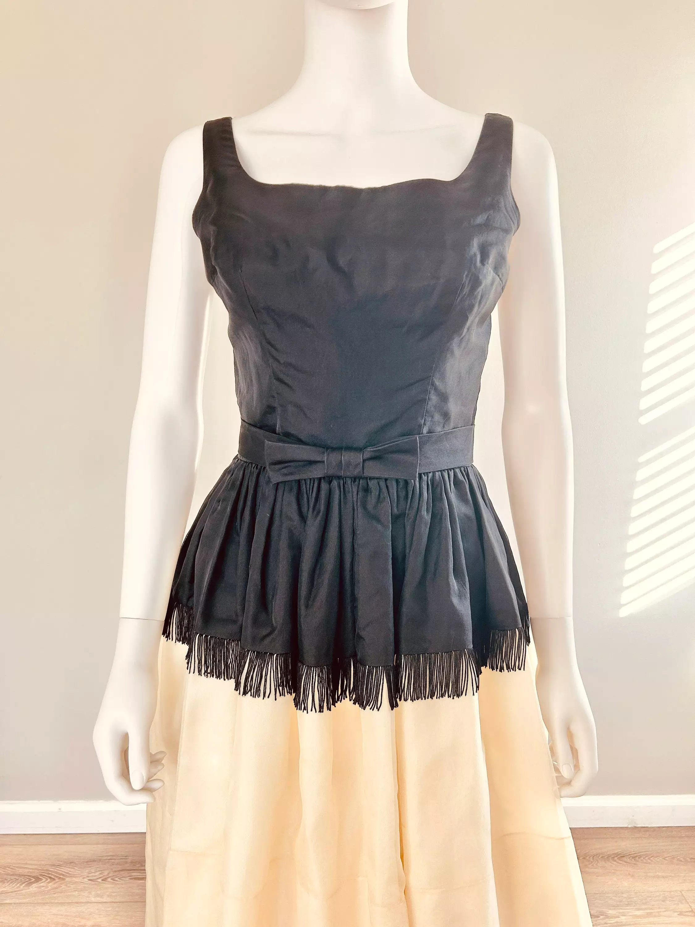 Vintage 1960s Fringe Dress / 60s Retro Black and White Party Dress / Size S