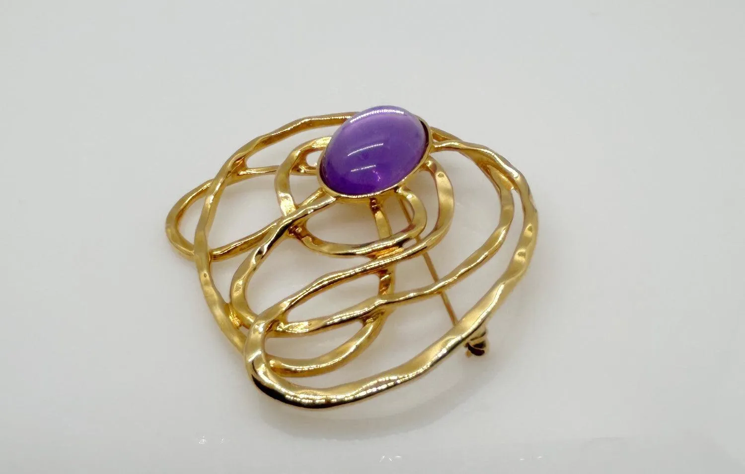 Vintage Avon Golden Web” Brooch with Purple Cabochon Center