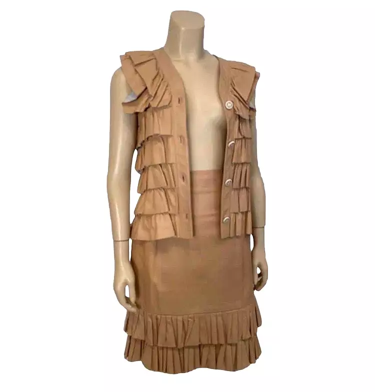 Vintage Chanel 01A, 2001 Fall Ruffle Beige Tan Leather Skirt Vest Dress Suit Set FR 36 US 4/6