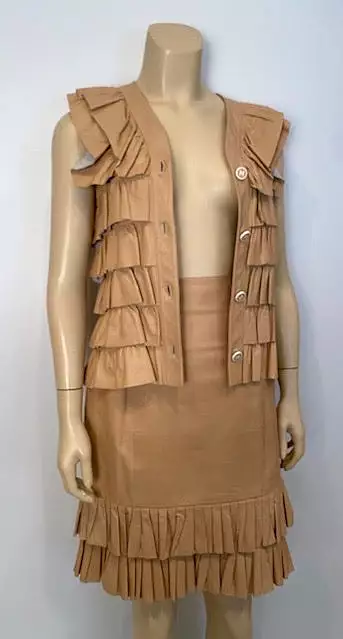 Vintage Chanel 01A, 2001 Fall Ruffle Beige Tan Leather Skirt Vest Dress Suit Set FR 36 US 4/6