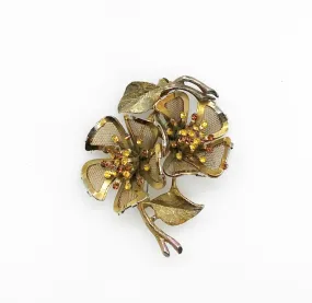 Vintage Mesh Floral Brooch with Glittering Golden Stones