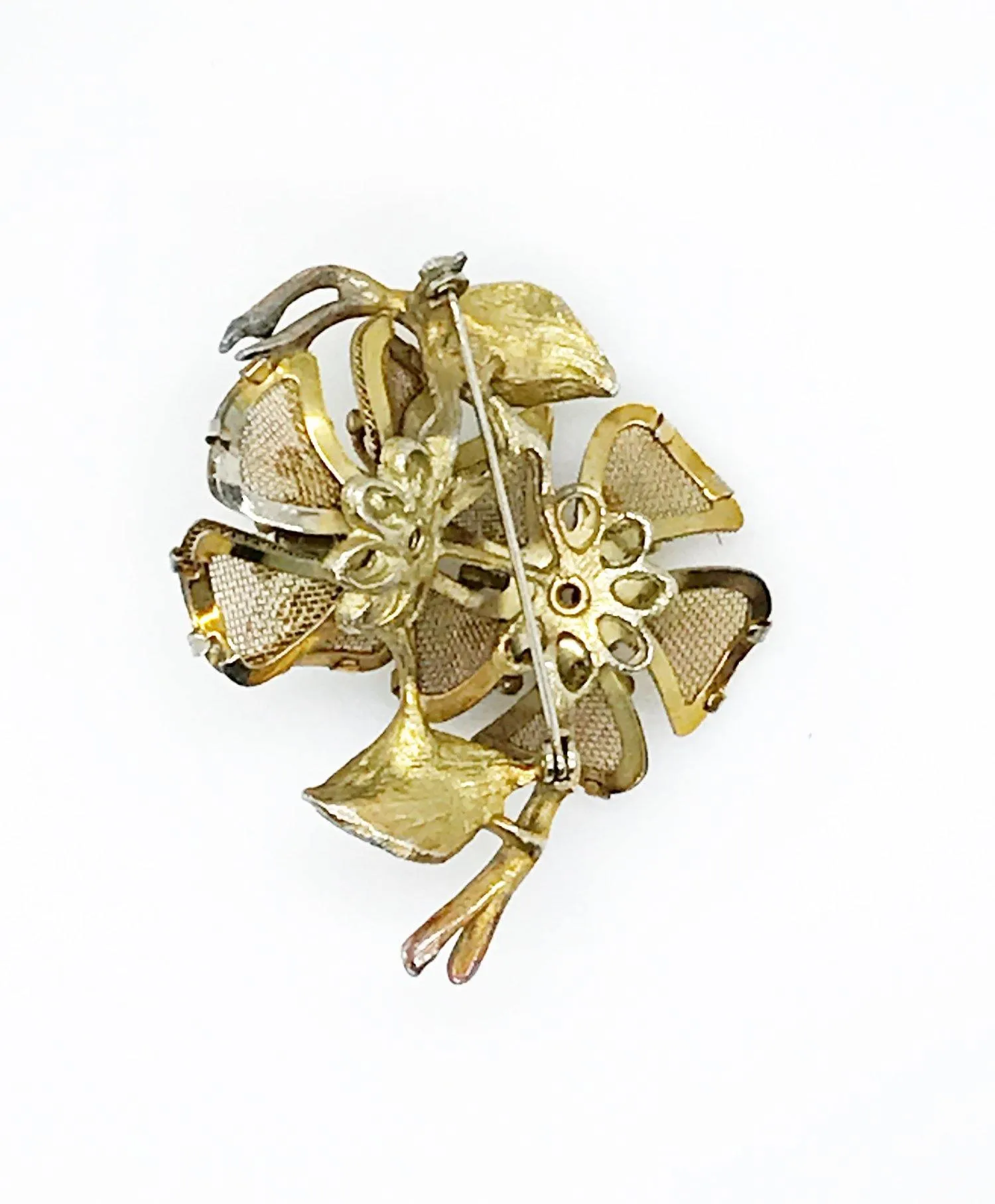 Vintage Mesh Floral Brooch with Glittering Golden Stones