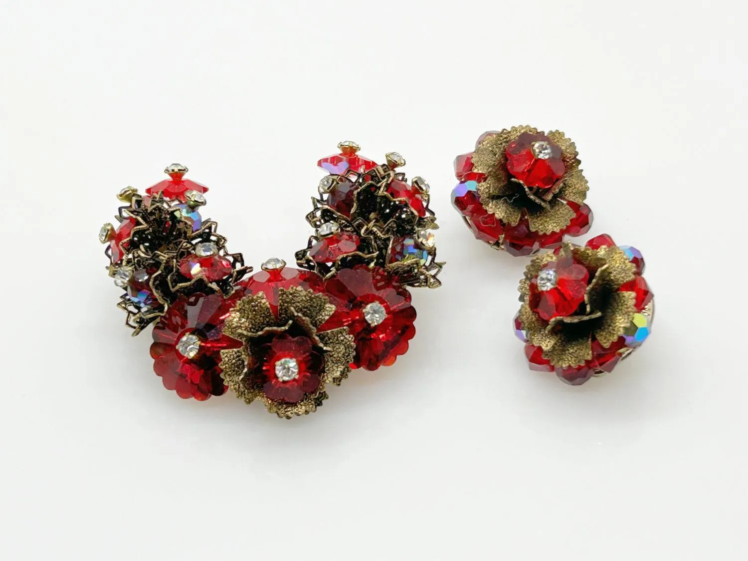 Vintage Red Faceted Red Stone Floral Brooch and Earring Set