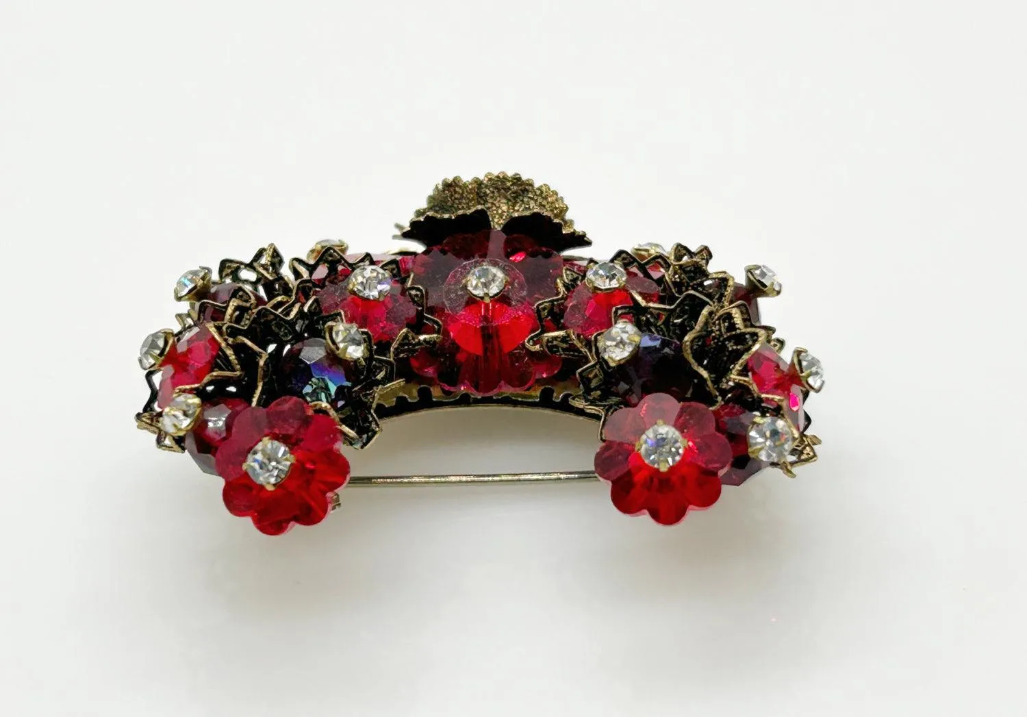 Vintage Red Faceted Red Stone Floral Brooch and Earring Set