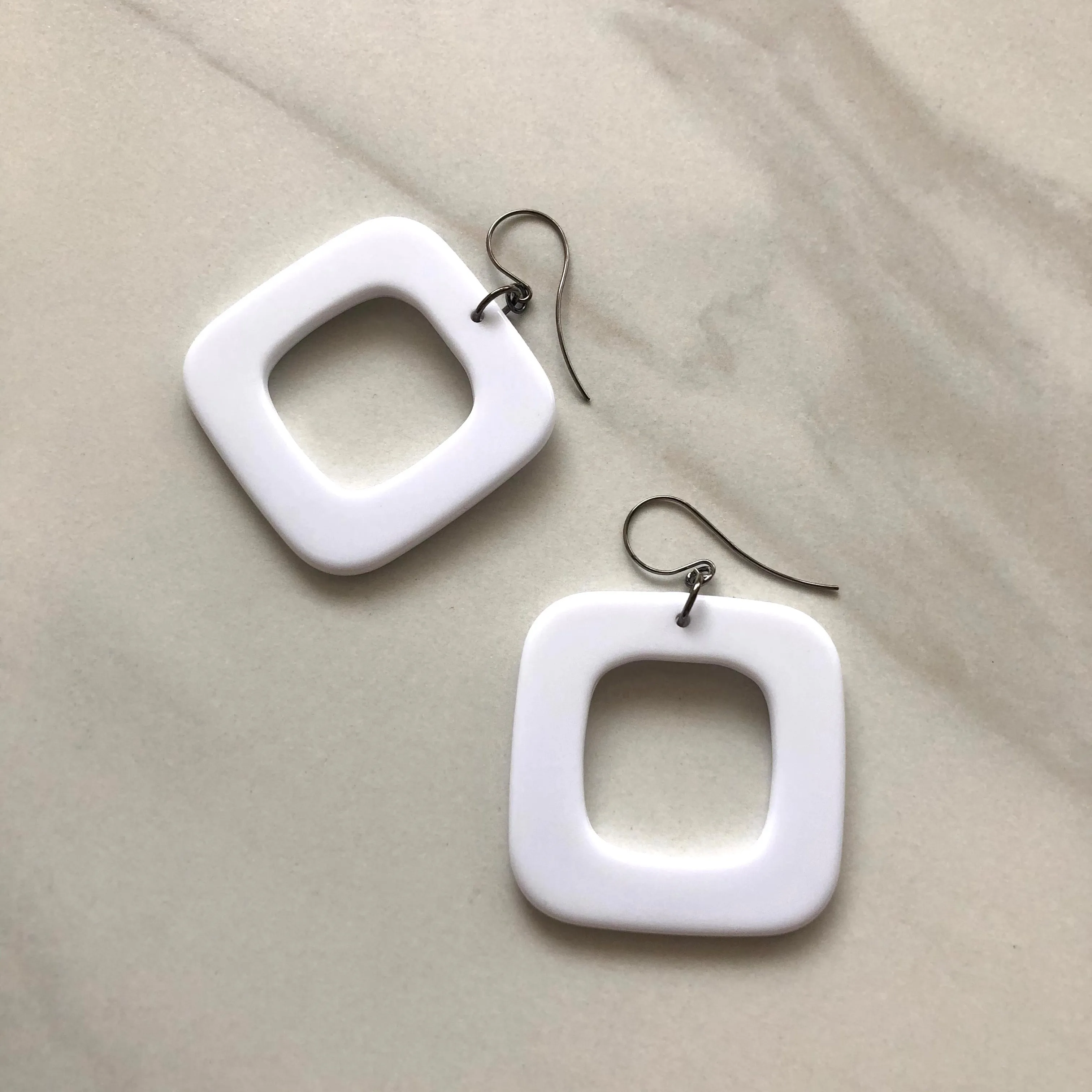 White Deco Square Donut Drop Earrings