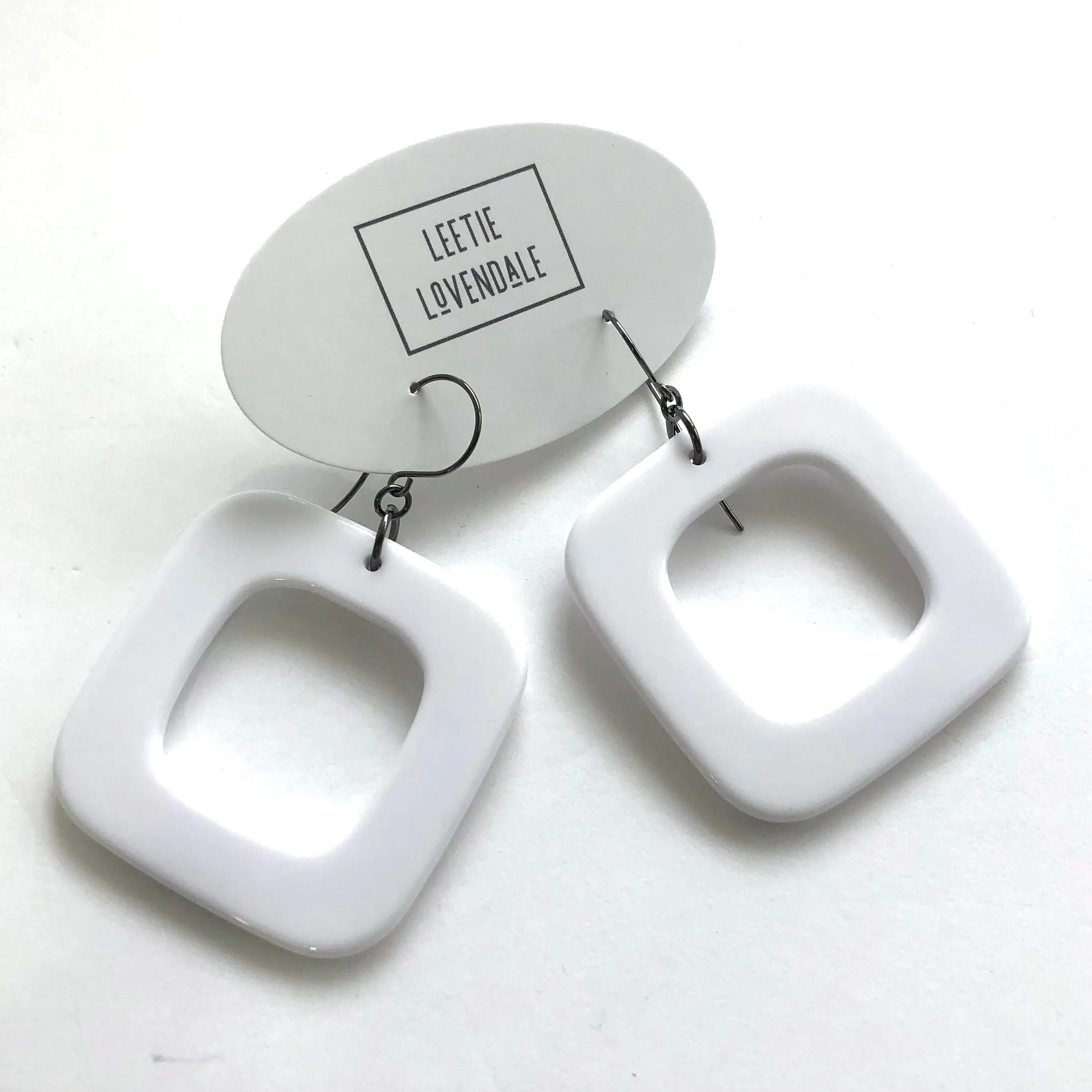 White Deco Square Donut Drop Earrings