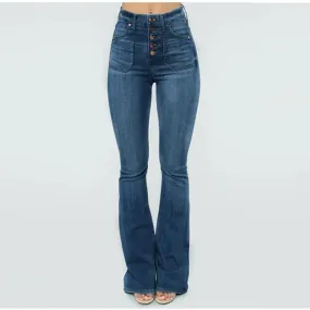 Women's Casual Button-Up High Waist Denim Skinny Fit Flare Pants