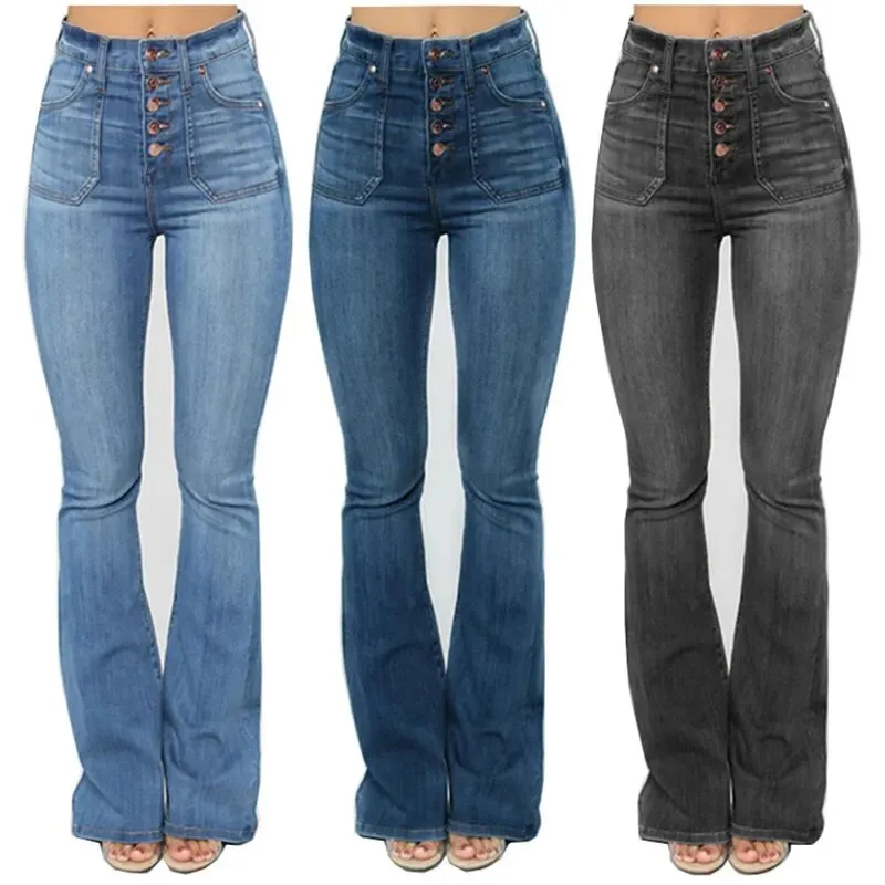 Women's Casual Button-Up High Waist Denim Skinny Fit Flare Pants