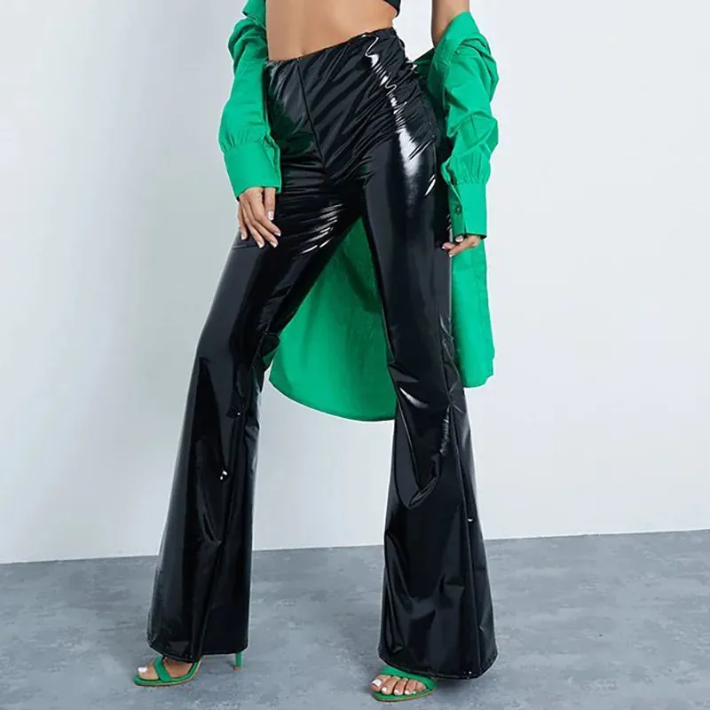 Women's Club Style Shiny Solid Color Wide Leg High Waist Flare Pants