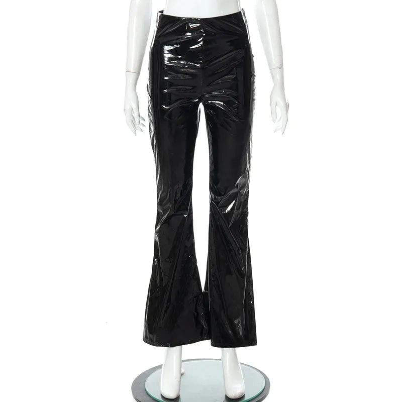 Women's Club Style Shiny Solid Color Wide Leg High Waist Flare Pants