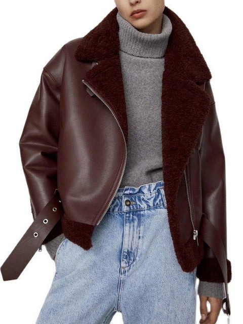 Womens Faux Shearling Motorcycle Warm Black Burgundy Jackets