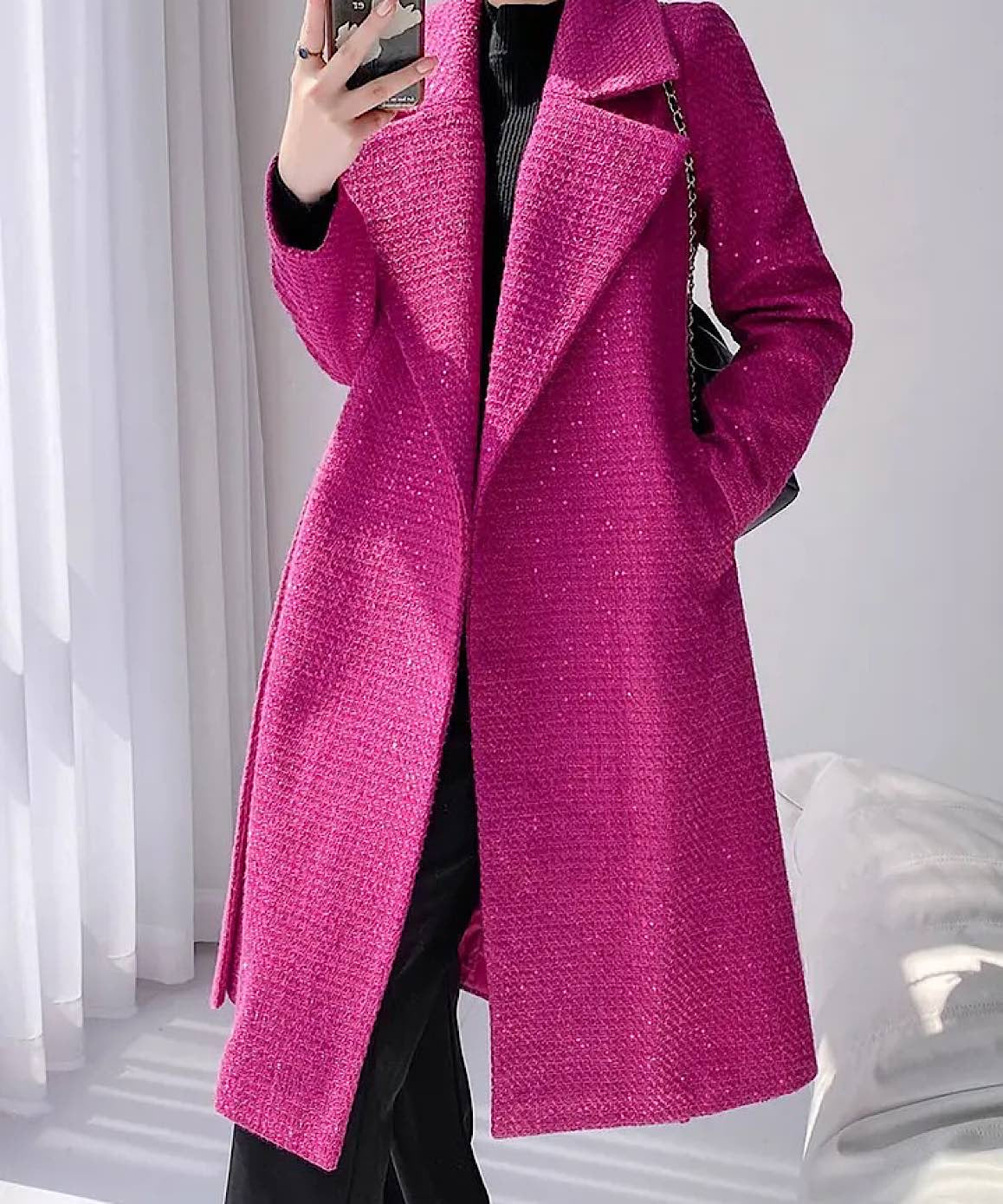 Woolen Tweed Sequin Long Lapel Midi Coat