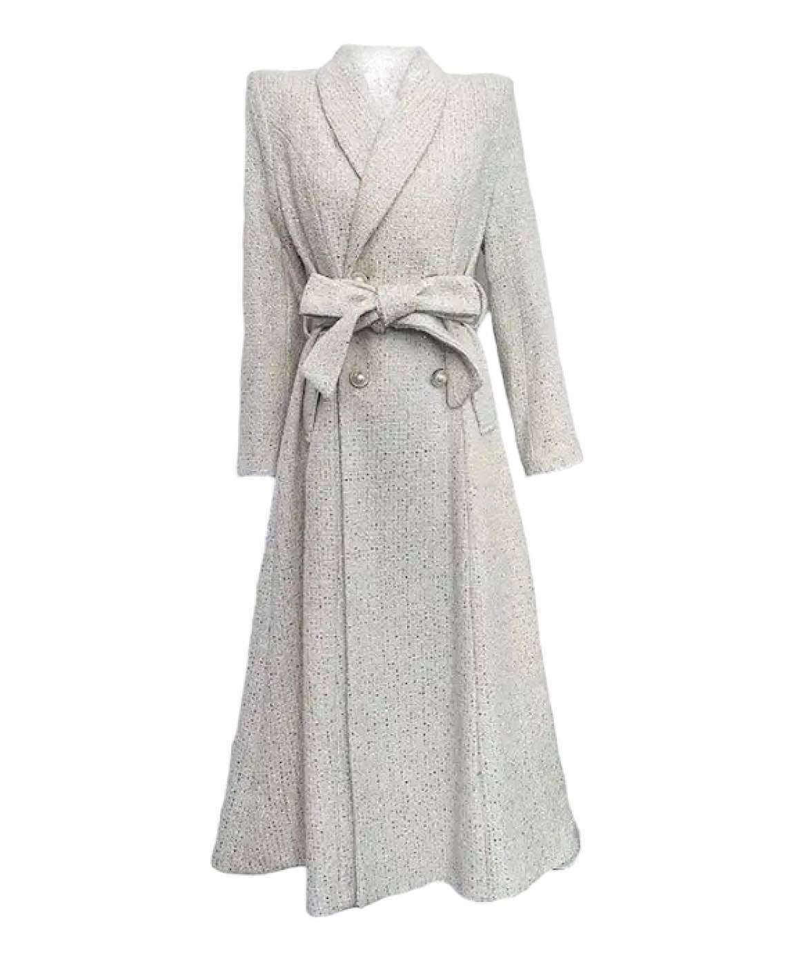 Woolen Tweed Sequin Long Lapel Midi Coat