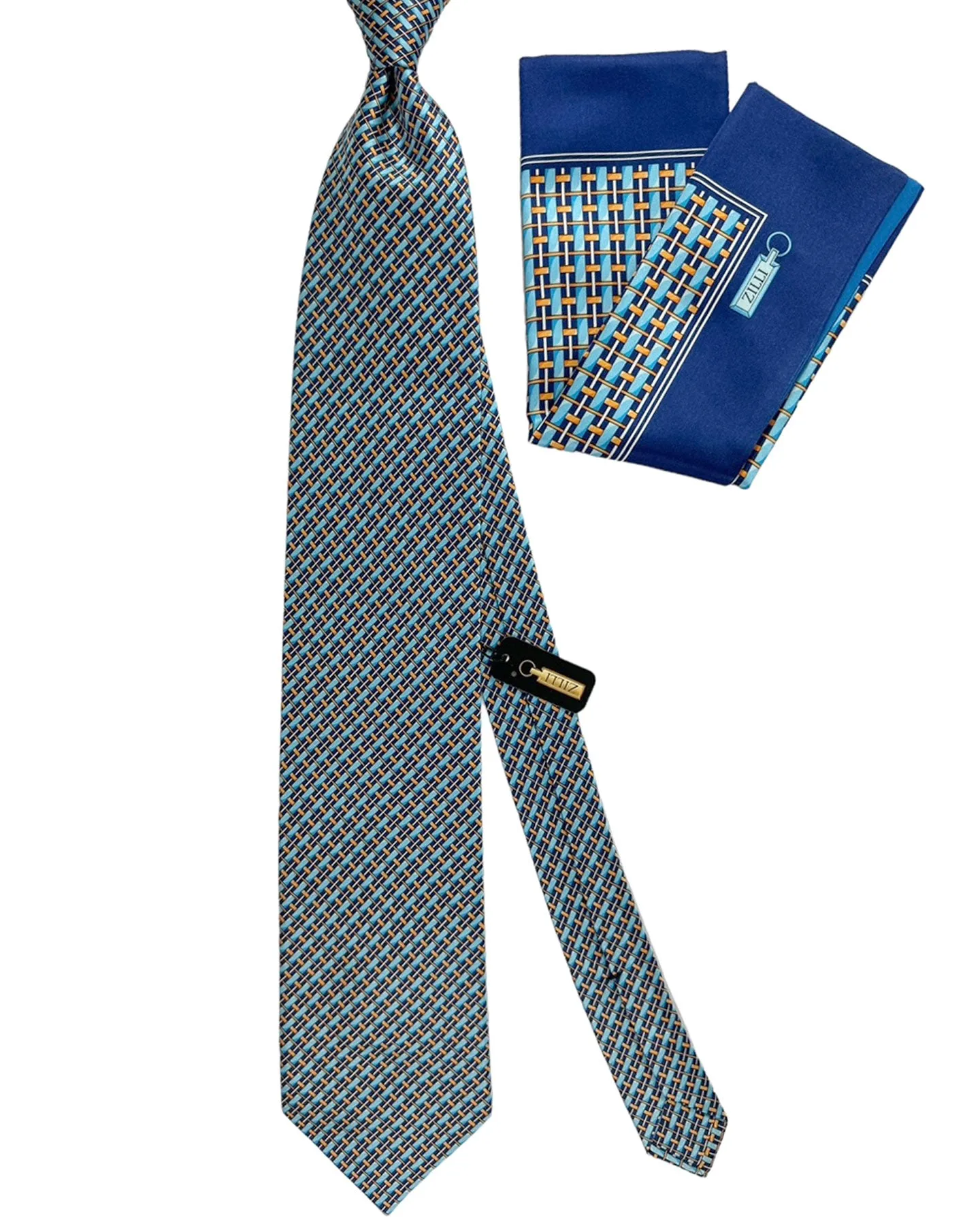 Zilli Tie & Matching Pocket Square Set Dark Blue Aqua Orange Gold Check