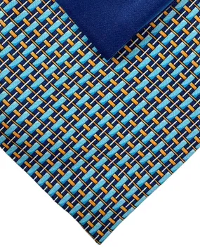 Zilli Tie & Matching Pocket Square Set Dark Blue Aqua Orange Gold Check