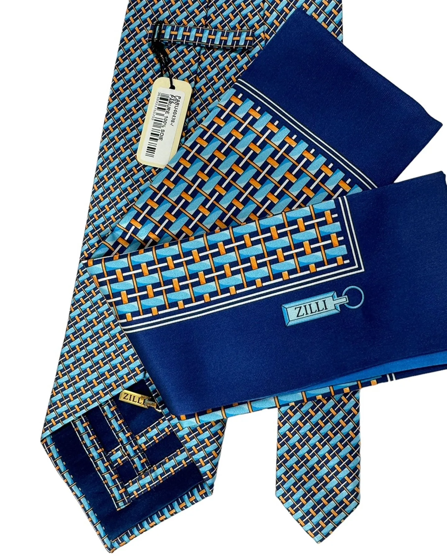 Zilli Tie & Matching Pocket Square Set Dark Blue Aqua Orange Gold Check