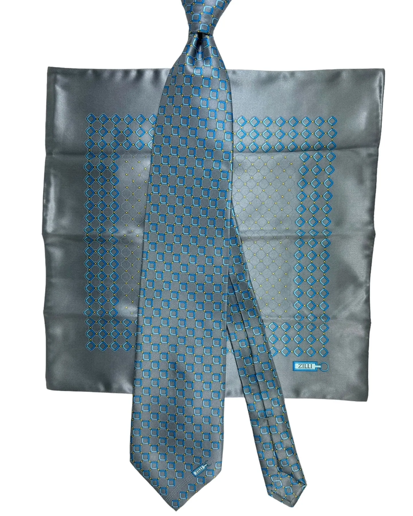 Zilli Tie & Matching Pocket Square Set Gray Blue Geometric SALE