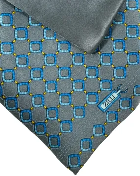 Zilli Tie & Matching Pocket Square Set Gray Blue Geometric SALE