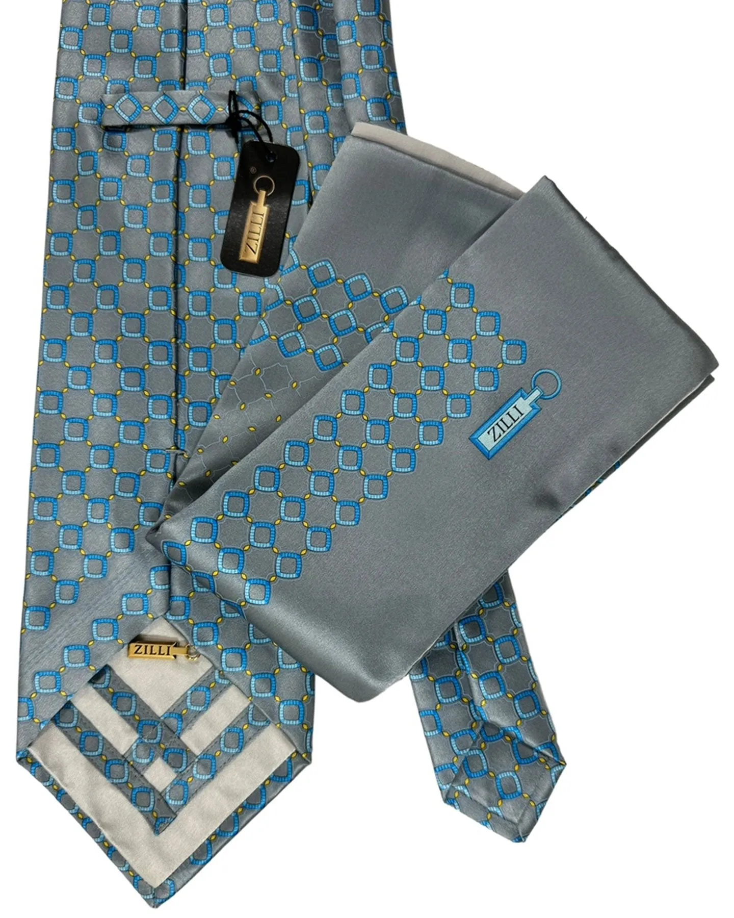 Zilli Tie & Matching Pocket Square Set Gray Blue Geometric SALE